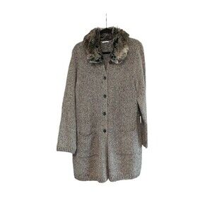 J.Jill Women Brown Button Collar Removable Faux Fur Tweed Cardigan Size Petite L